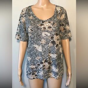 J. Jill Women's Blouse Size M Love Linen Pullover Scoop Neck Short Sleeve Floral